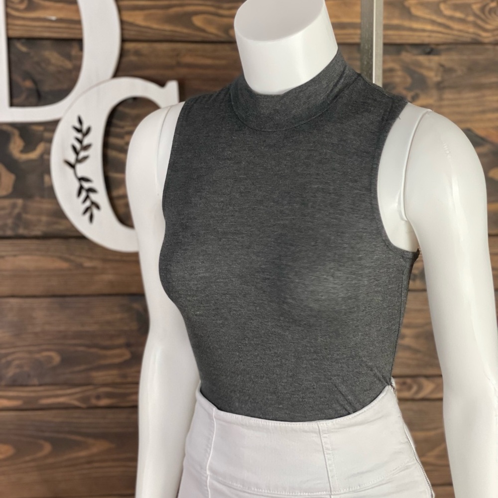Bar III | Mock Neck Marled Grey‎ Bodysuit Sleeveless  Button Snap